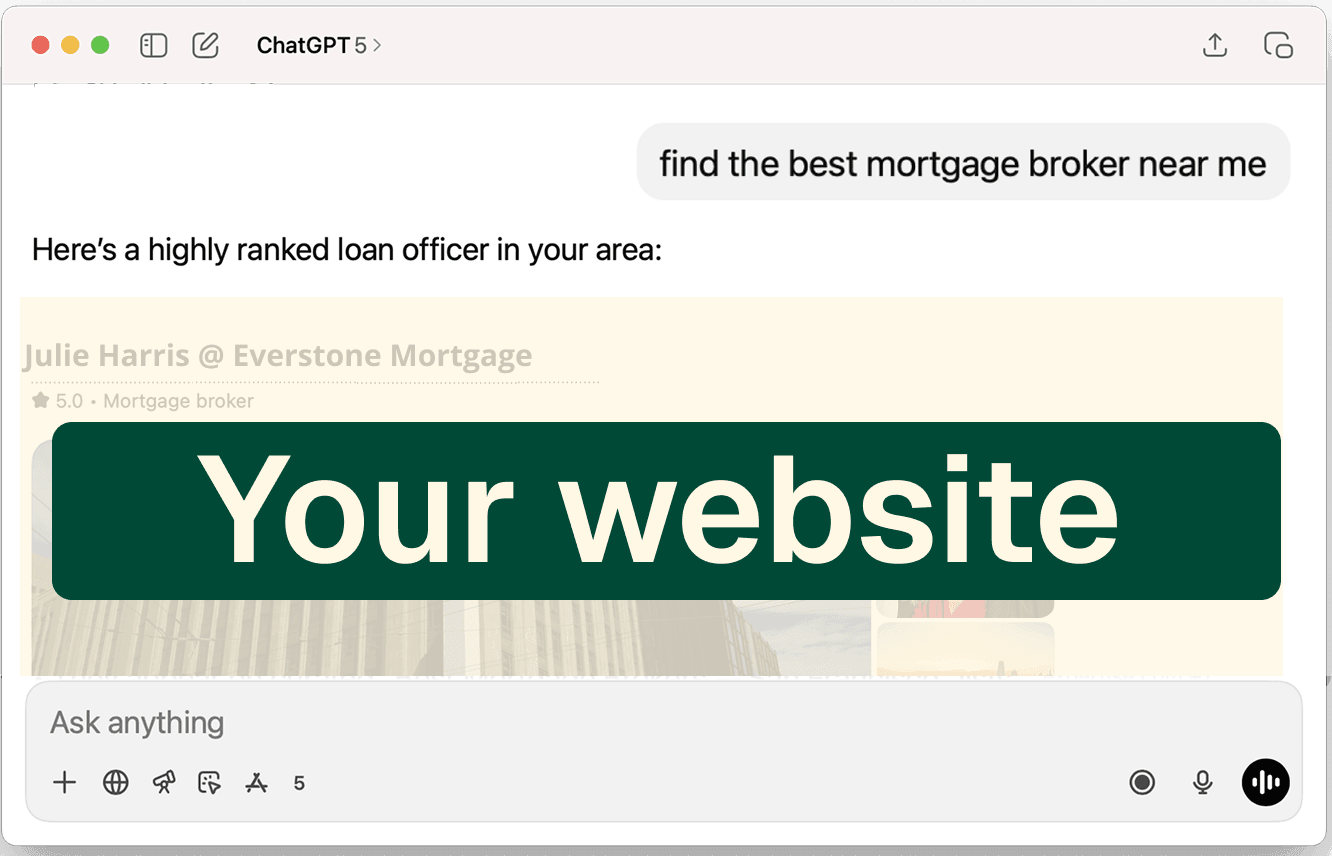 ChatGPT AI interface displaying mortgage broker recommendations to borrowers searching for local loan officers, demonstrating IvyLead AI search optimization effectiveness